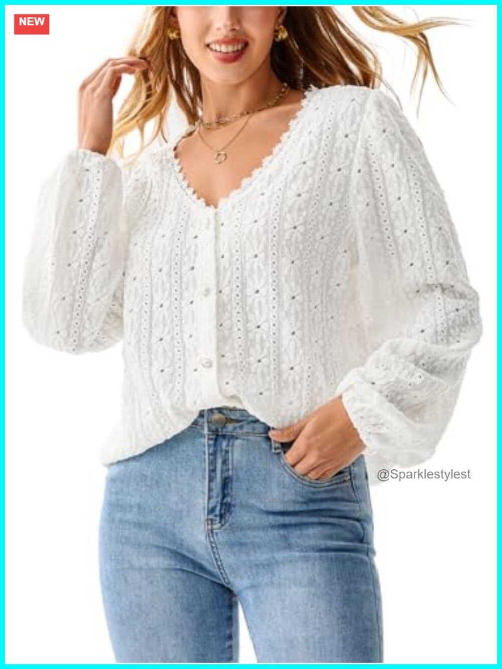 Eyelet Lace V Neck Puff Sleeve Button Blouse Top